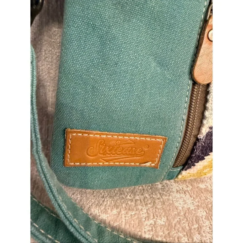 Sixtease Women's Teal Geometric Woven Rug Upcycled Canvas Purse Crossbody Bag